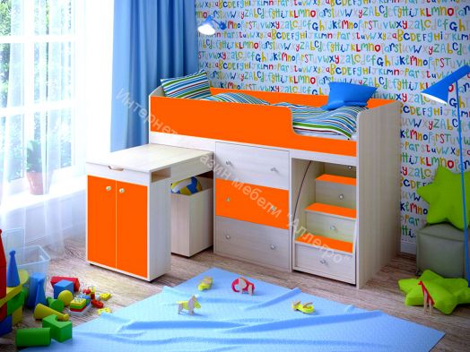 Кровать Малыш 70*160 МАЛЫЙ, Дуб молочный/Оранжевый