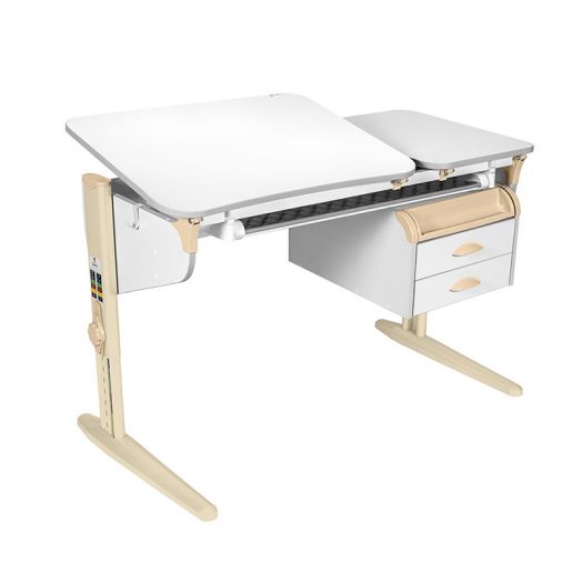 ДСУТ45-1-2 Растущий стол с лотком и тумбой одноместный (ЛДСП белый, опора бежевый)