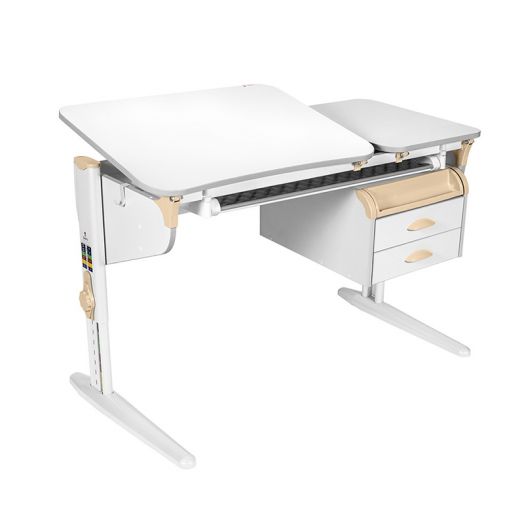 ДСУТ45-1-3 Растущий стол с лотком и тумбой одноместный (ЛДСП белый, опора белый)