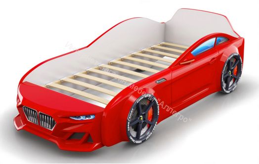 Кровать-машинка Romack Dynamic ламели+Подсветка фар+Объёмный капот Красная