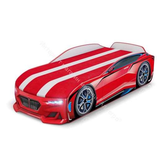 Кровать-машинка Romack Boxter New 170*70 см с подъёмным механизмом + Подсветка фар + Объёмный бампер, Красный