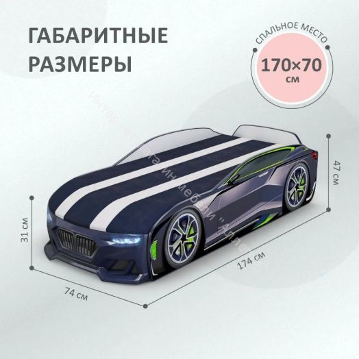 Кровать-машинка Romack Boxter New 170*70 см с подъёмным механизмом + Подсветка фар + Объёмный бампер, Чёрный