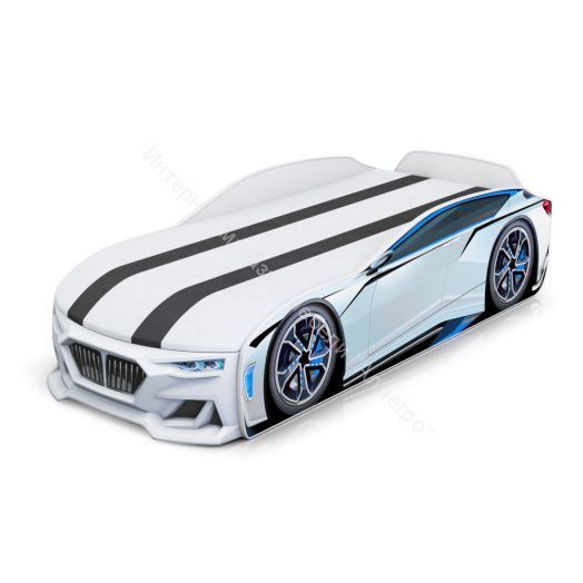 Кровать-машинка Romack Boxter New 170*70 см с подъёмным механизмом + Подсветка фар + Объёмный бампер, Белый