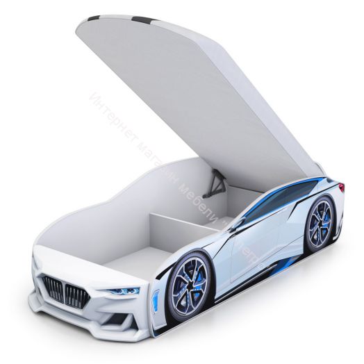Кровать-машинка Romack Boxter New 170*70 см с подъёмным механизмом + Подсветка фар + Объёмный бампер, Белый