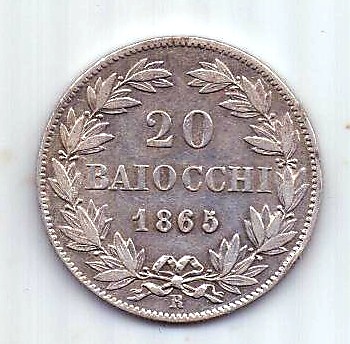 20 байочи 1865 R Ватикан AUNC - XF