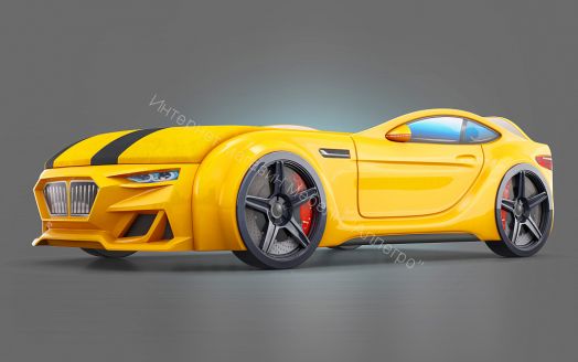 Кровать-Машинка Baby-M 150*70 см с П/М +подсветка фар + ящик + Орто Матрас, желтая