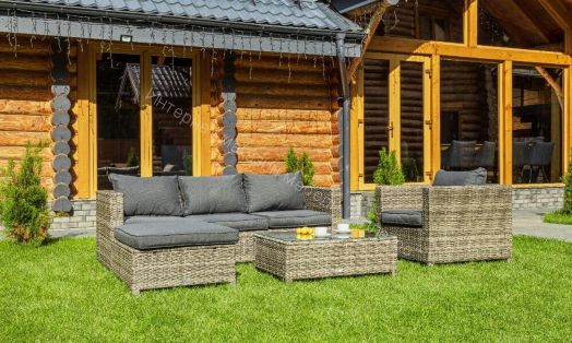 Комплект GRAND VICKY (диван + пуф + кресло + стол со стеклом) с подушками, ротанг искусственный, Серый