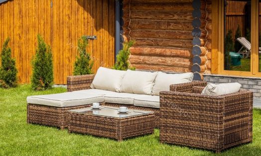 Комплект GRAND VICKY (диван + пуф + кресло + стол со стеклом) с подушками, ротанг искусственный, Коричневый