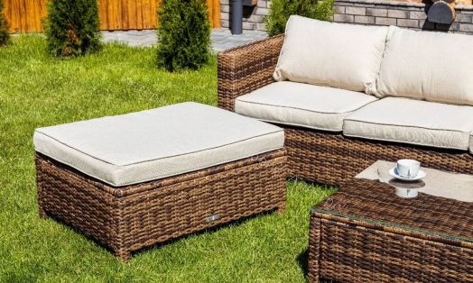 Комплект GRAND VICKY (диван + пуф + кресло + стол со стеклом) с подушками, ротанг искусственный, Коричневый