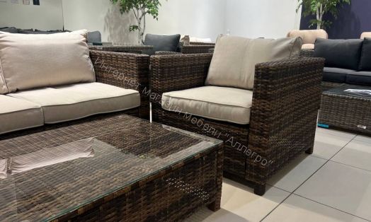 Комплект GRAND VICKY (диван + пуф + кресло + стол со стеклом) с подушками, ротанг искусственный, Коричневый