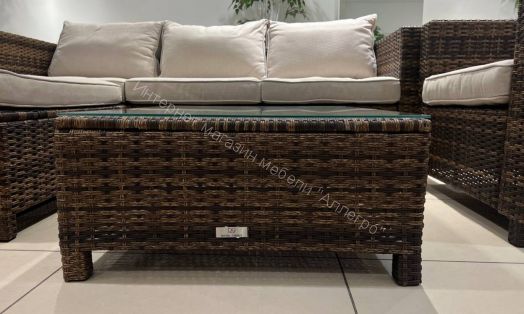 Комплект GRAND VICKY (диван + пуф + кресло + стол со стеклом) с подушками, ротанг искусственный, Коричневый