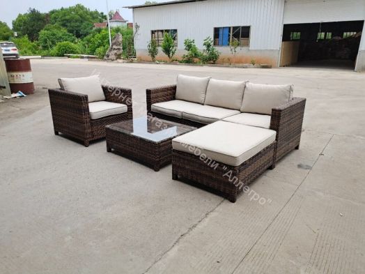 Комплект GRAND VICKY (диван + пуф + кресло + стол со стеклом) с подушками, ротанг искусственный, Коричневый