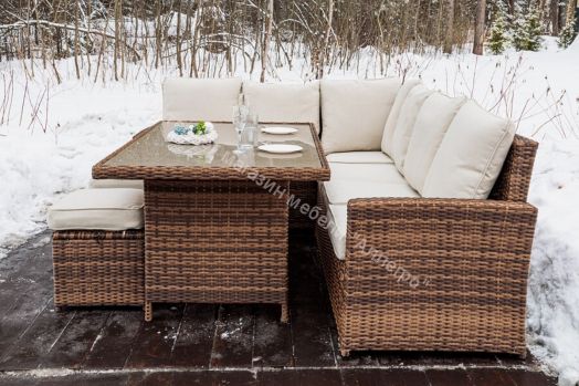 Комплект ZORRO (диваны + пуфы + стол со стеклом) с подушками, ротанг искусственный, Коричневый