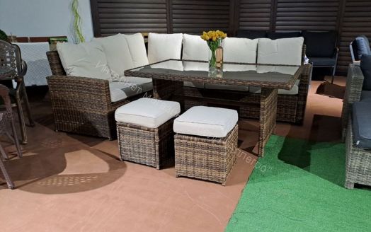 Комплект ZORRO (диваны + пуфы + стол со стеклом) с подушками, ротанг искусственный, Коричневый