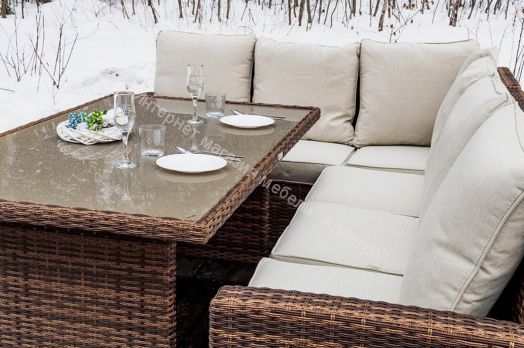Комплект ZORRO (диваны + пуфы + стол со стеклом) с подушками, ротанг искусственный, Коричневый