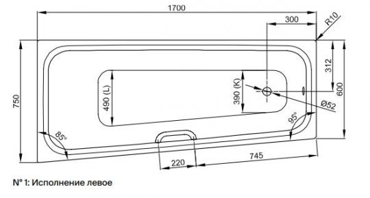 Трапециевидная ванна Bette Space S 1130 левая 170x75 схема 2