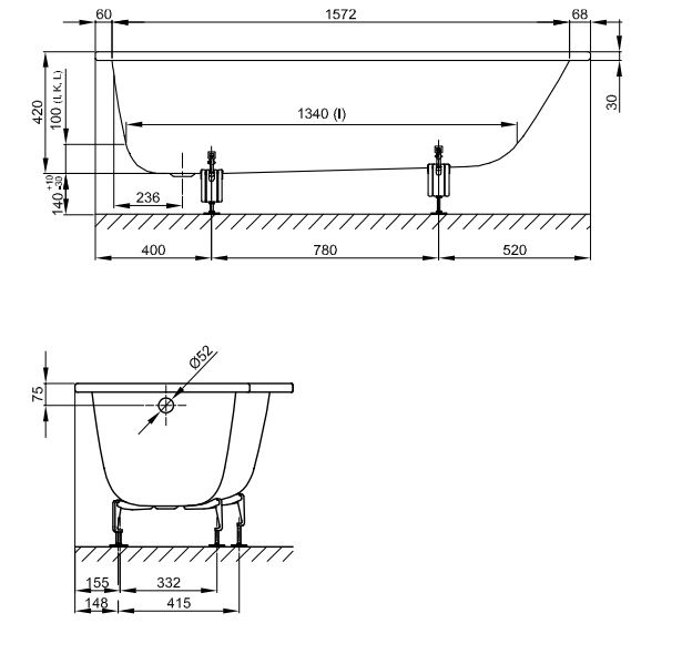 Трапециевидная ванна Bette Space S 1140 правая 170x75 схема 3