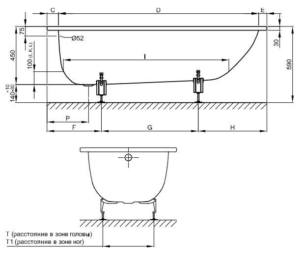 Стальная ванна Bette Classic 1270 180x80 с шумоизоляцией схема 3