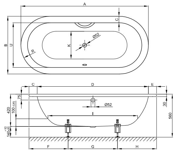 Овальная встраиваемая ванна Bette Starlet Oval 2720 165х75 схема 2