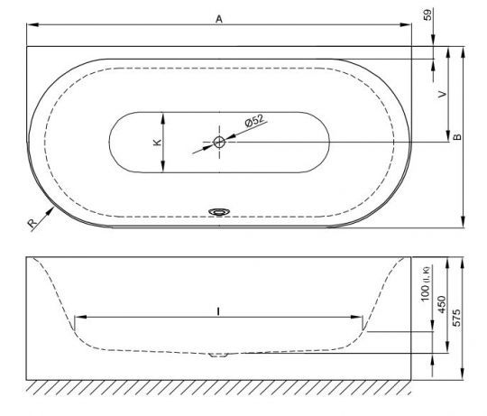 Овальная пристенная ванна Bette Lux Oval I Silhouette 3415 CWVVS 170х80 схема 3