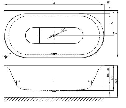 Овальная пристенная ванна Bette Lux Oval I Silhouette 3416 CWVVS 180х85 схема 3