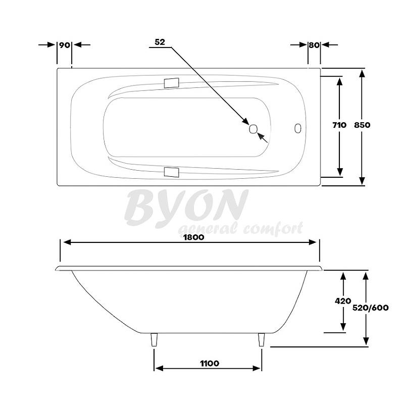 Чугунная ванна Byon Ide 180x85 Н0000369 схема 5