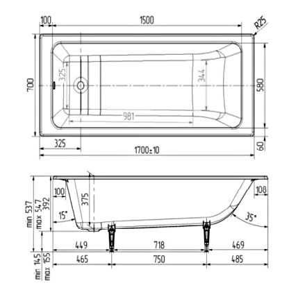 Чугунная ванна Wotte Line 170x70 БП-э00д1467 без антискользящего покрытия схема 4