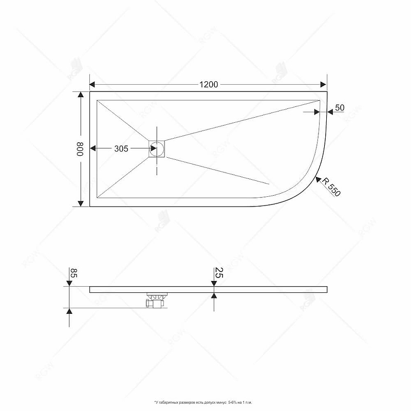 Душевой поддон из искусственного камня RGW Stone Tray ST/AL-G 120х80 L 16154128-02L схема 3