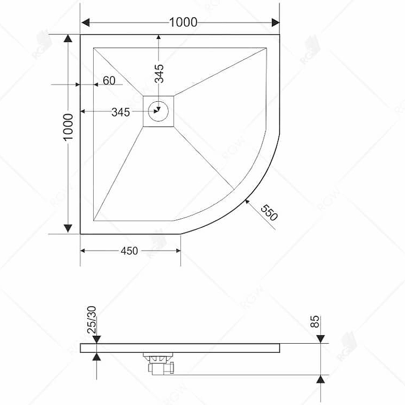 Душевой поддон из искусственного камня RGW Stone Tray ST/R-0100W 100x100 16153100-01 схема 3