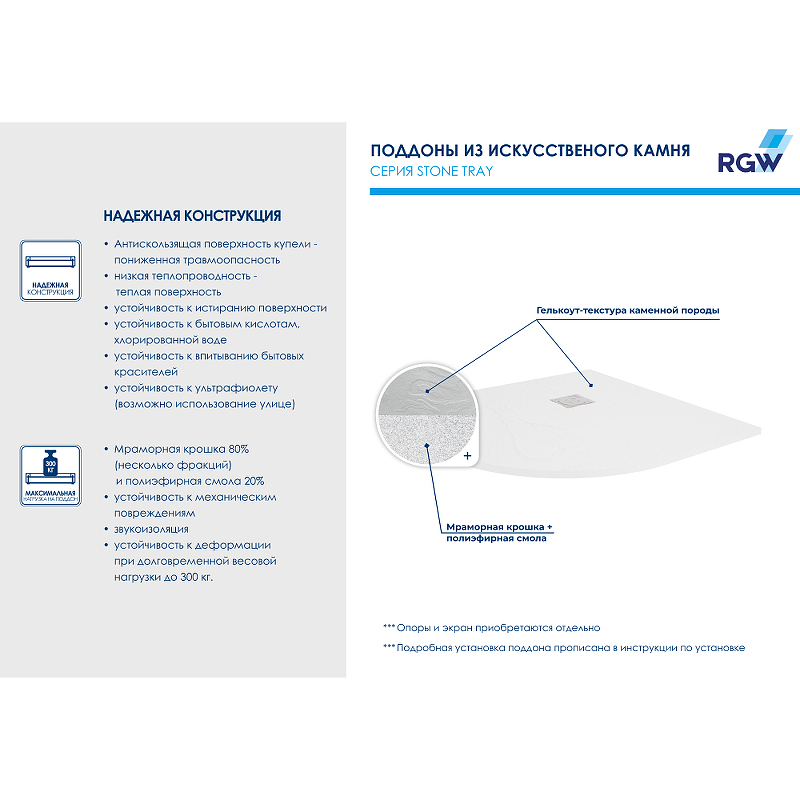 Душевой поддон из искусственного камня RGW Stone Tray ST/R-0100W 100x100 16153100-01 схема 4