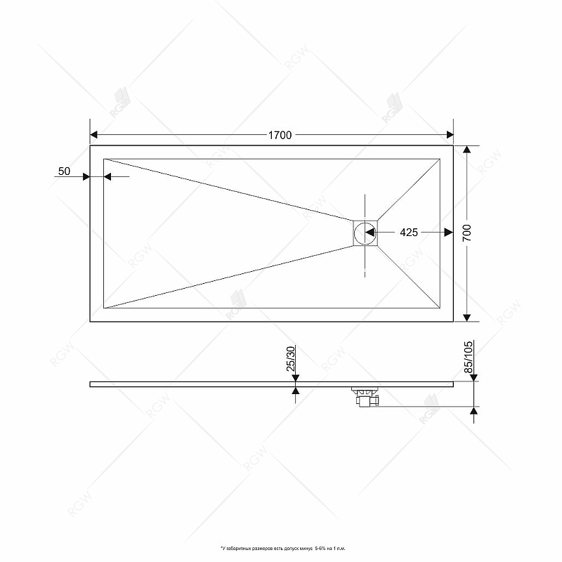 Душевой поддон из искусственного камня RGW Stone Tray ST-0177 170x70 16152717 схема 2