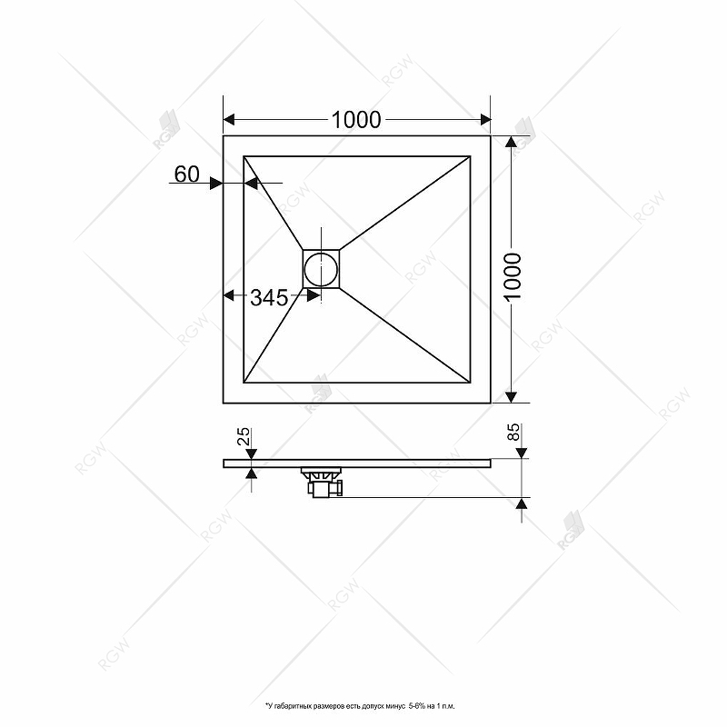 Душевой поддон из искусственного камня RGW Stone Tray ST-G 100х100 16152100-02 схема 5