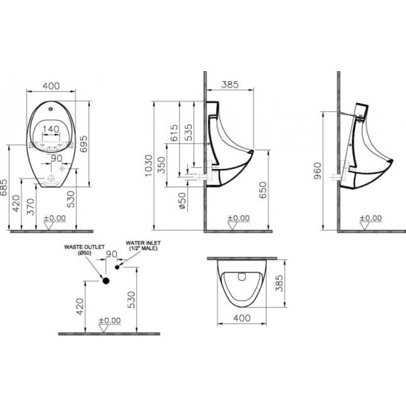 Писсуар подвесной 4106B003-5597 VITRA Arkitekt схема 4