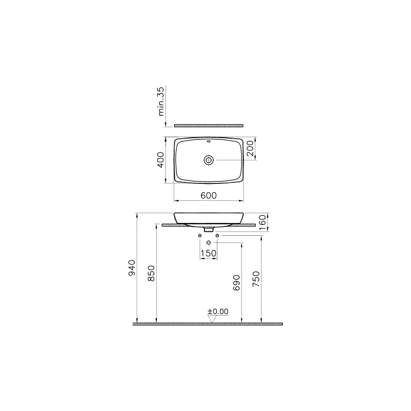 Накладная раковина 60 см VITRA Metropole 5668B003-0012 ФОТО