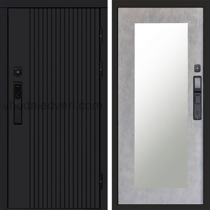Входная дверь Termo-door ТВИСТ BLACK с электрозамком - Зеркало Триумф Бетон светлый