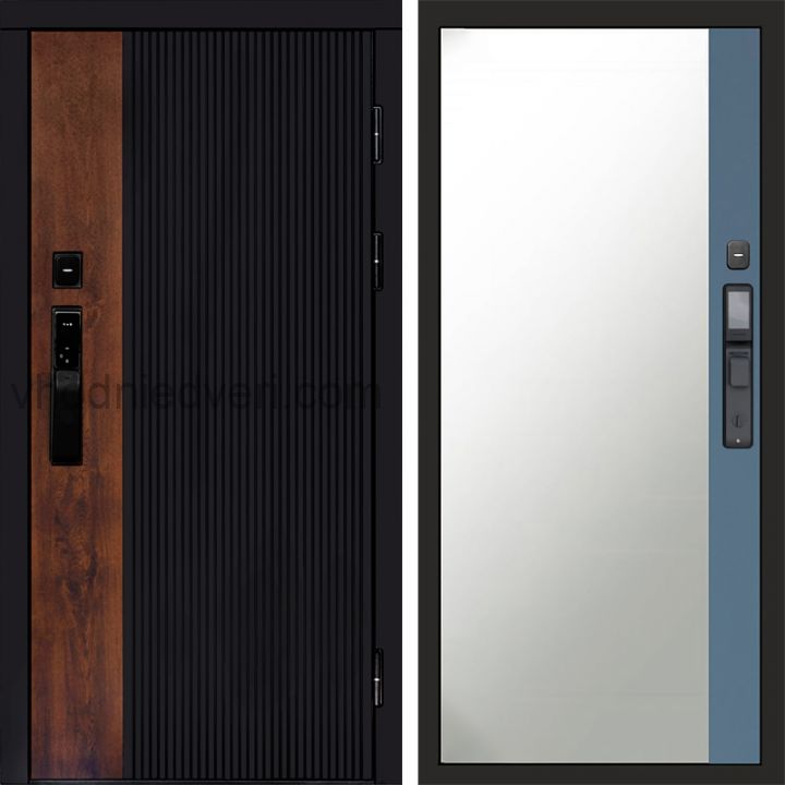 Входная дверь Termo-door ПРЕСТИЖ с электрозамком - Широкое зеркало фацет Грей софт