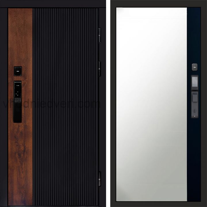 Входная дверь Termo-door ПРЕСТИЖ с электрозамком - Широкое зеркало фацет Черный кварц