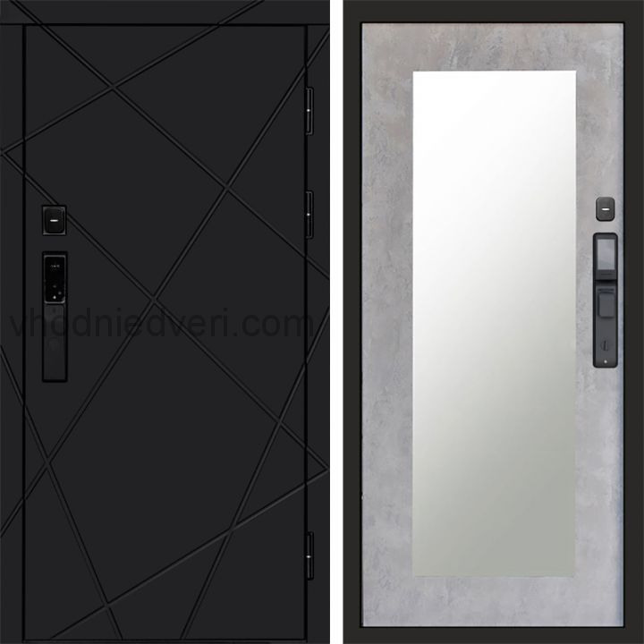 Входная дверь Termo-door ЛУЧИ BLACK с электрозамком - Зеркало Триумф Бетон светлый