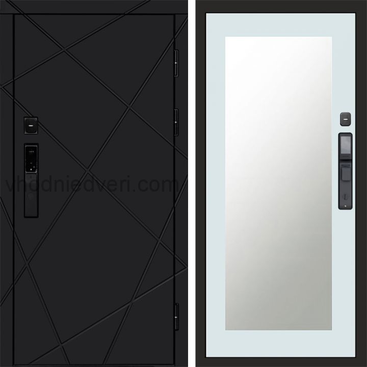 Входная дверь Termo-door ЛУЧИ BLACK с электрозамком - Зеркало Триумф Белый софт