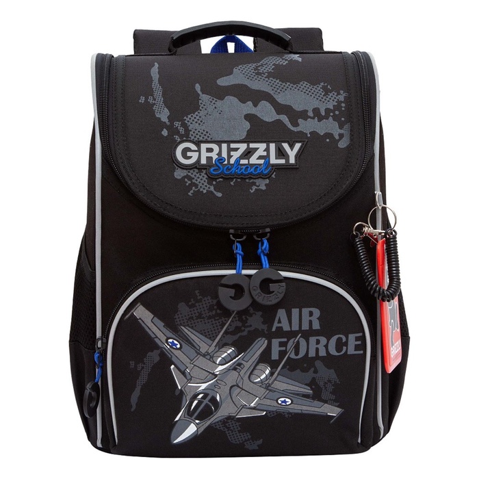 Ранец школьный Стандарт, 33 х 25 х 13 см, Grizzly, + мешок для обуви, чёрный