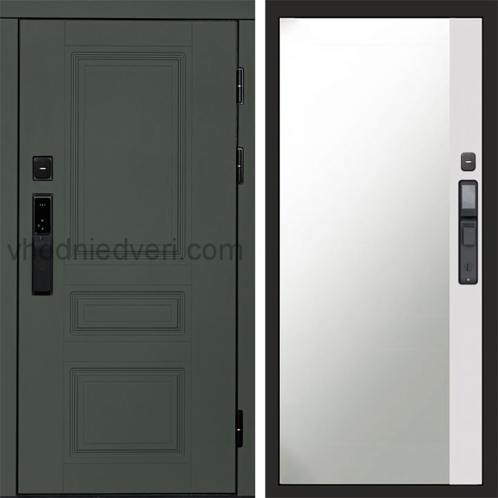 Входная дверь Termo-door ОРЕГОН GREEN с электрозамком - Широкое зеркало фацет Белый софт