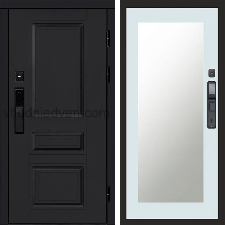 Входная дверь Termo-door ОРЕГОН BLACK с электрозамком - Зеркало Триумф Белый софт
