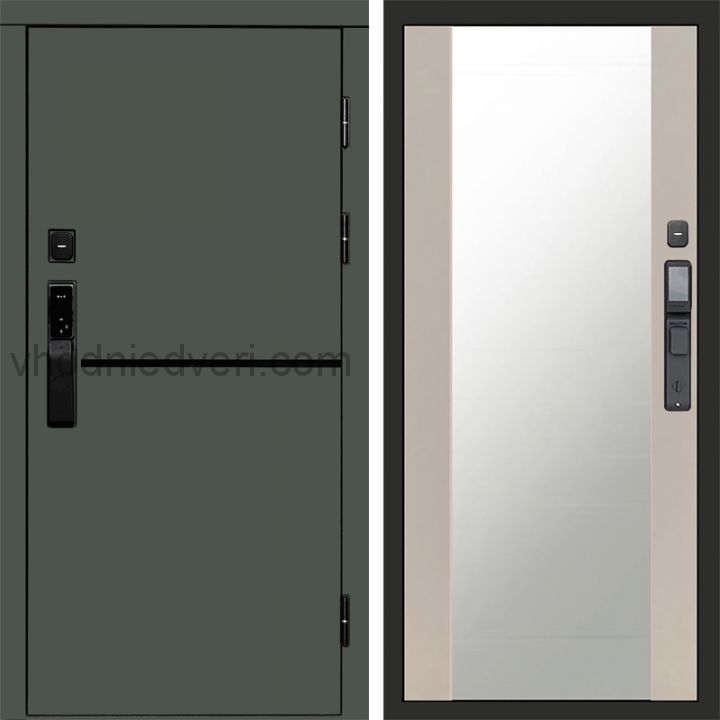 Входная дверь Termo-door ТРЕНД GREEN с электрозамком - Зеркало Слоновая кость