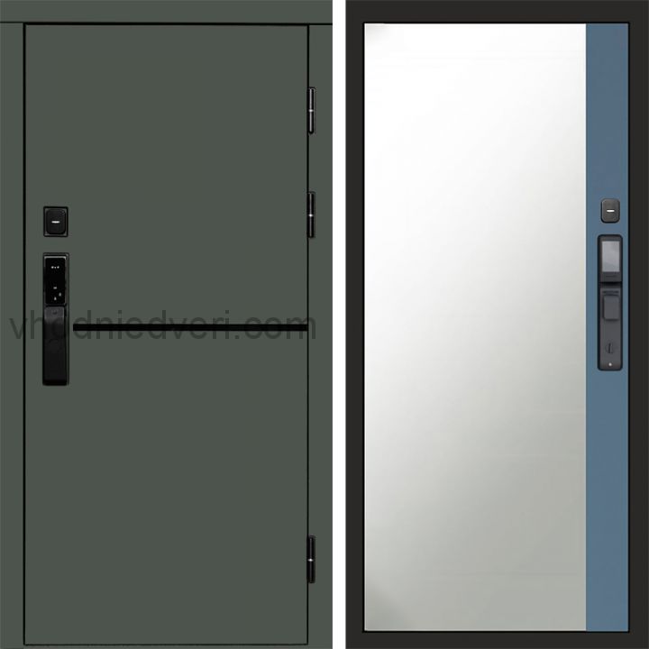 Входная дверь Termo-door ТРЕНД GREEN с электрозамком - Широкое зеркало фацет Грей софт