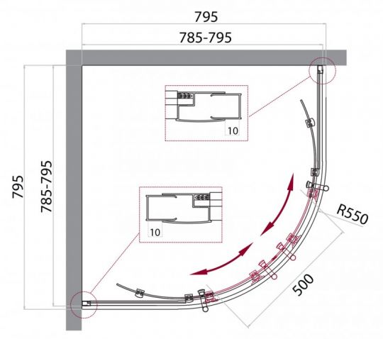 Душевой уголок Belbagno Uno-195 R прозрачное стекло, профиль хром 80х80 см схема 2 Душевой уголок Belbagno Uno-195 R прозрачное стекло, профиль хром 80х80 см схема 2