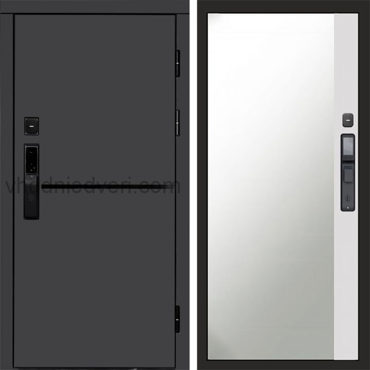 Входная дверь Termo-door ТРЕНД ГРАФИТ с электрозамком - Широкое зеркало фацет Белый софт