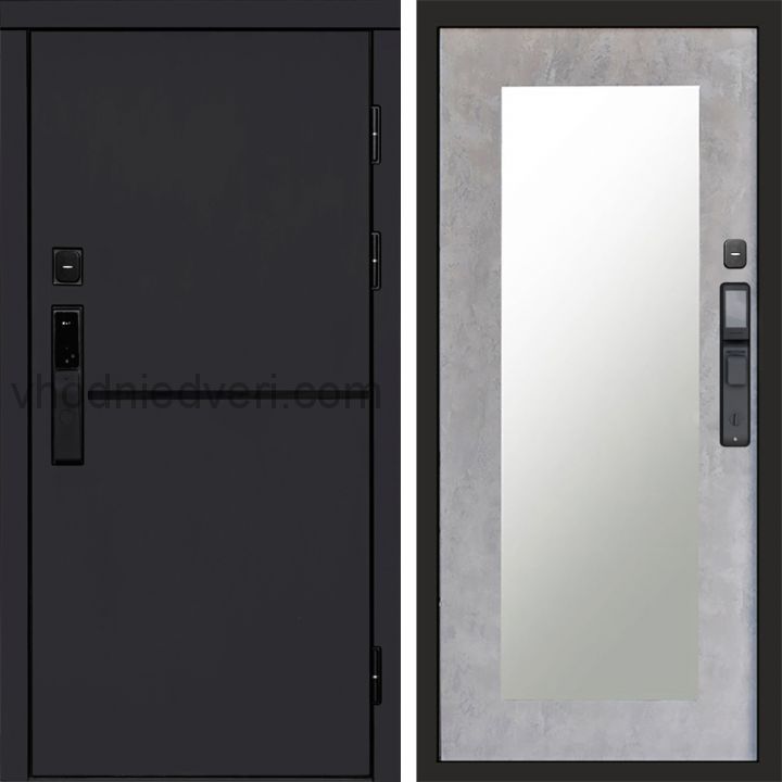 Входная дверь Termo-door ТРЕНД BLACK с электрозамком - Зеркало Триумф Бетон светлый