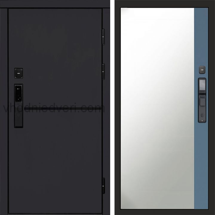 Входная дверь Termo-door ТРЕНД BLACK с электрозамком - Широкое зеркало фацет Грей софт