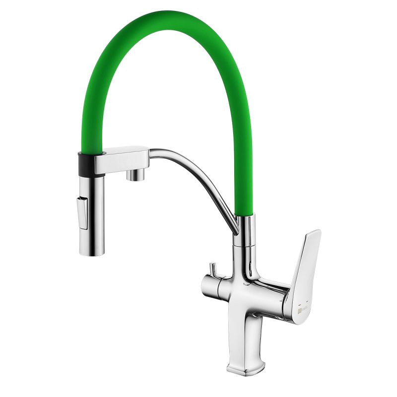 Смеситель для кухни Lemark Comfort LM3074C-Green с гибким изливом, с подключением к фильтру с питьевой водой, хром, зеленый