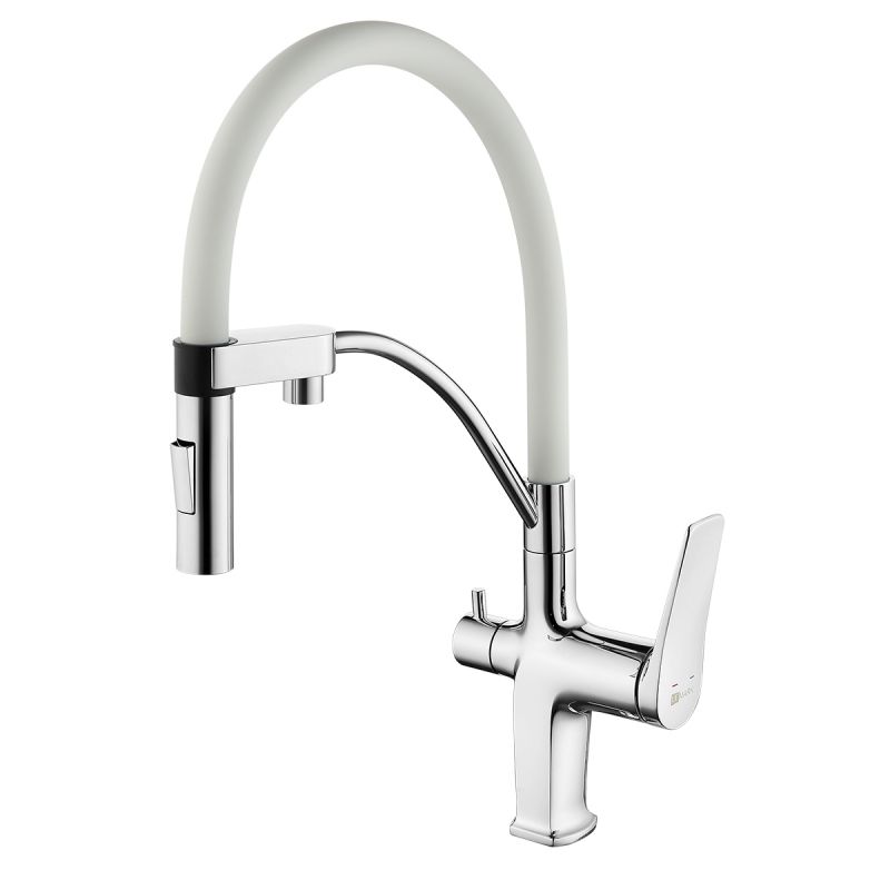 Смеситель для кухни Lemark Comfort LM3074C-White с гибким изливом, с подключением к фильтру с питьевой водой, хром, белый